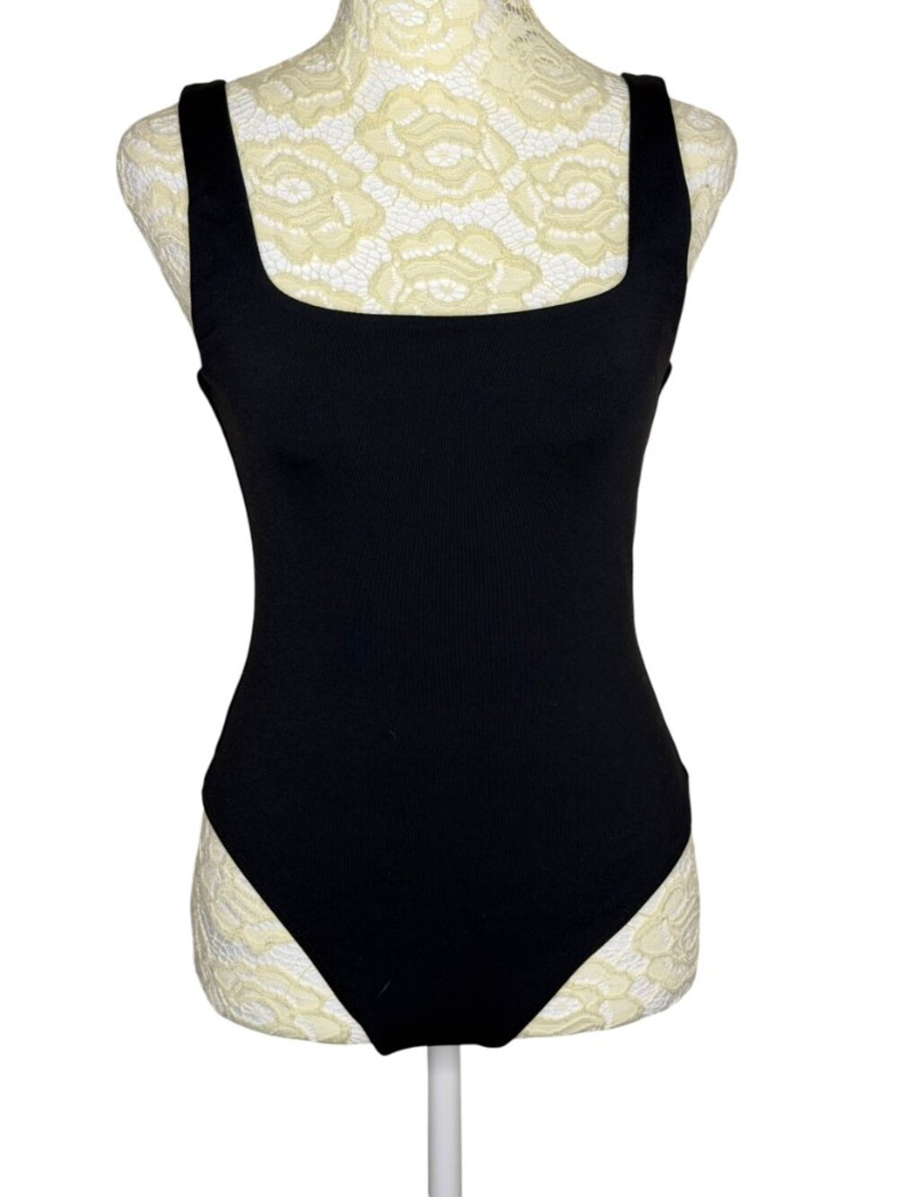 Babaton Nylon Stretch Bodysuit Tank Top Shirt Square Neck Thong Black M